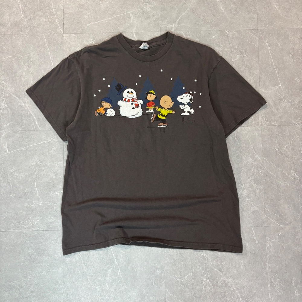Peanuts Charlie Brown Snoopy Christmas Ice Skating Graphic T-Shirt Gray Large